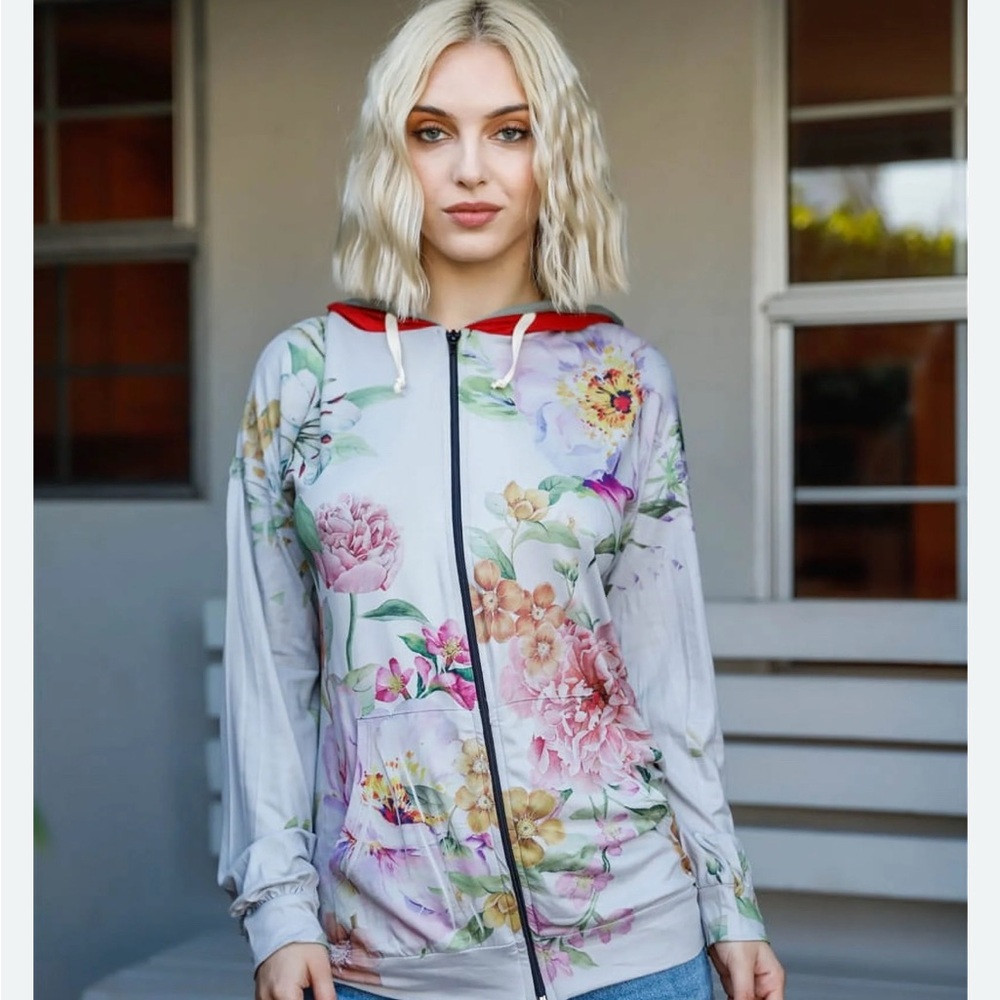 Floral Zip-Up Hoodie with Red Hood - NWOT